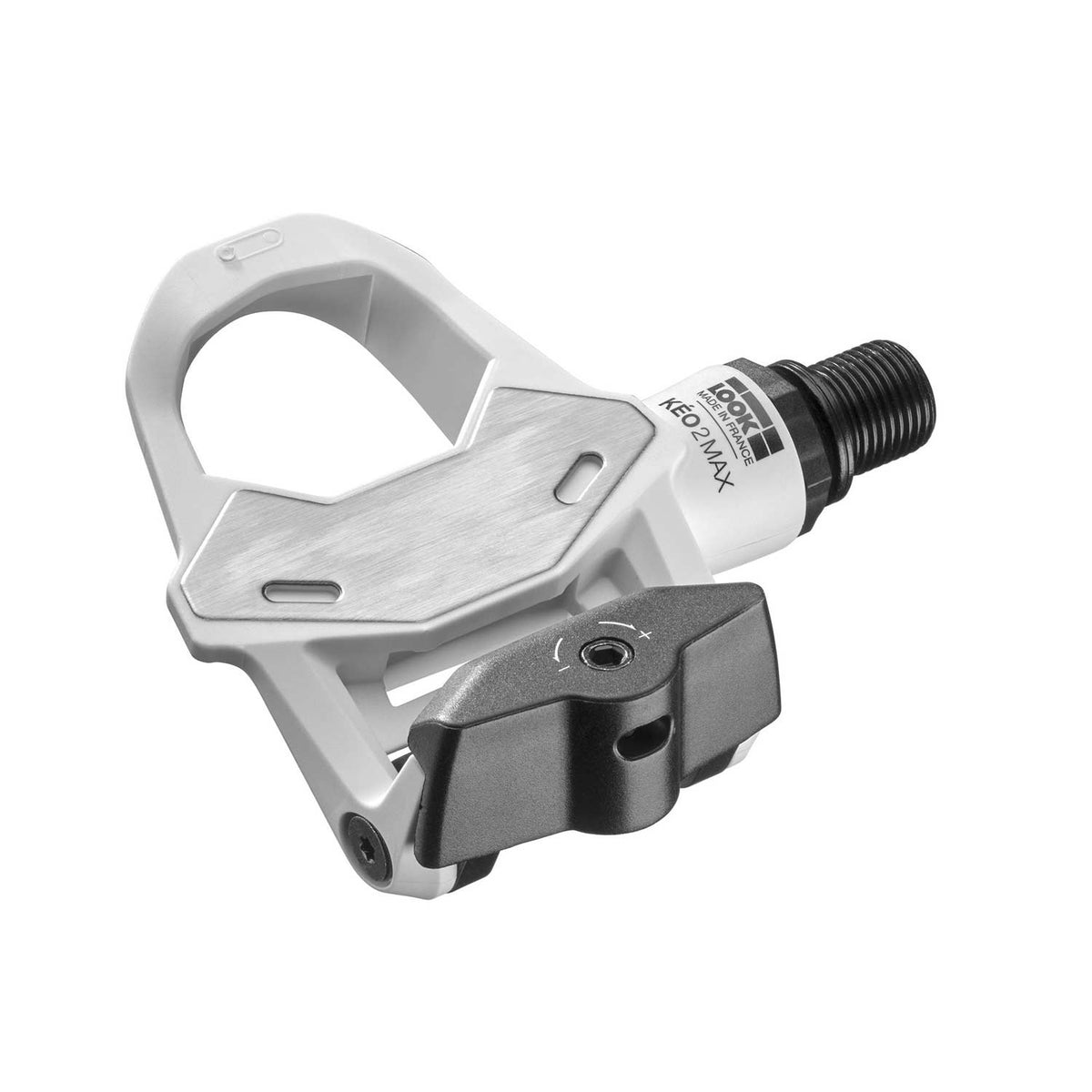 Look KEO 2 Max white road bike pedals with adjustable tension system, featuring sleek design and clipless pedal mechanism.