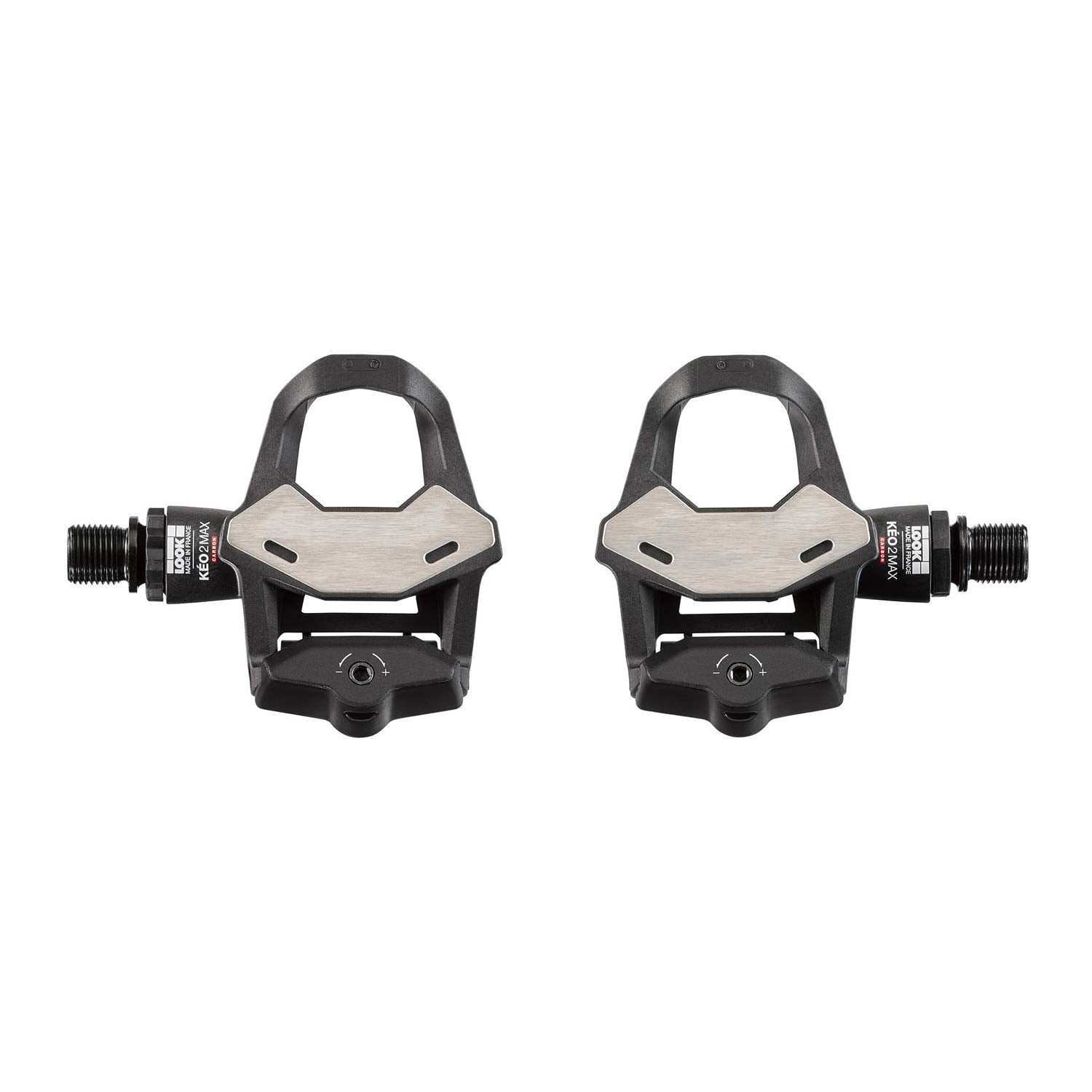 Look KEO 2 MAX Carbon road bike pedals with wide platform and adjustable tension, shown with cleats attached.