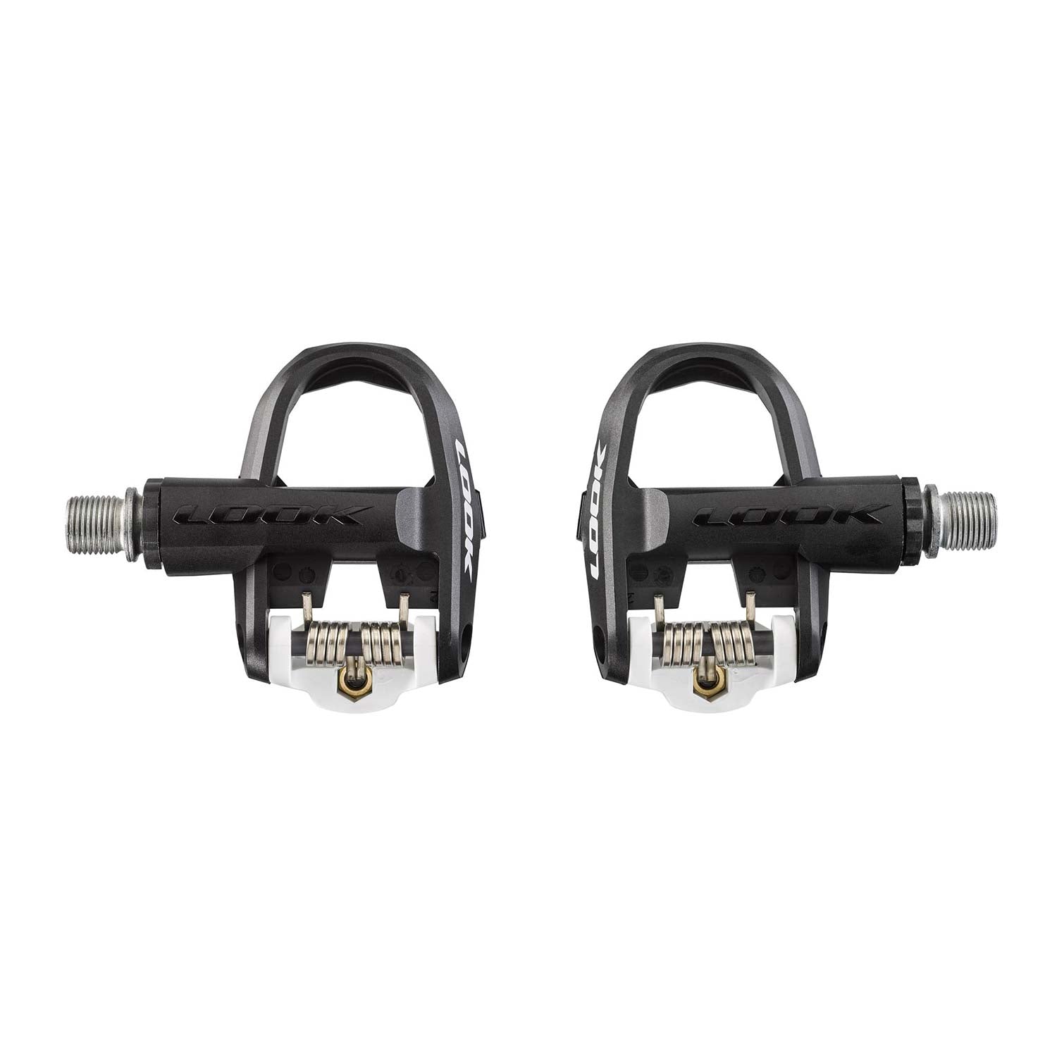 Look Keo Classic 3 road bike pedals with adjustable tension and chromoly spindle, shown mounted on a bike crank arm.