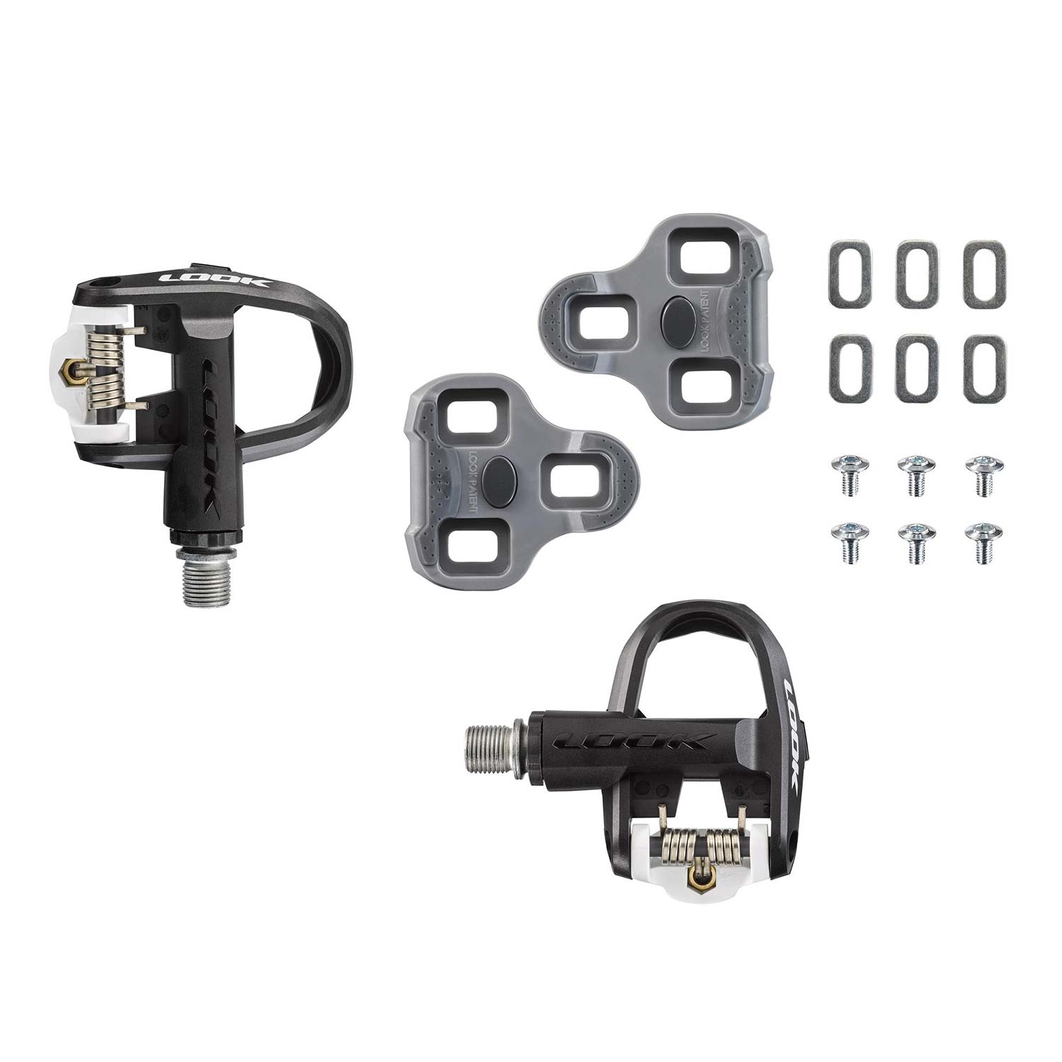 Look Keo Classic 3 road bike pedals with adjustable tension and chromoly spindle, shown mounted on a bike crankset.