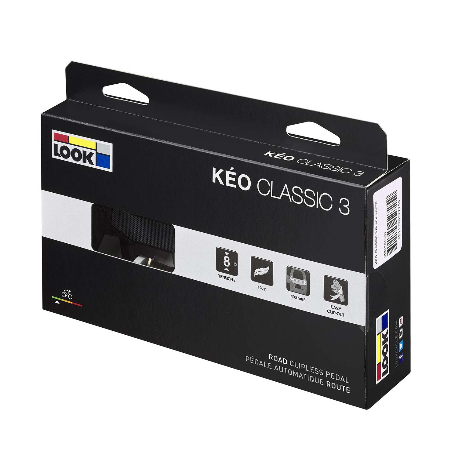 Look Keo Classic 3 road bike pedals with adjustable tension and chromoly spindle, shown with cleats attached on a white background.