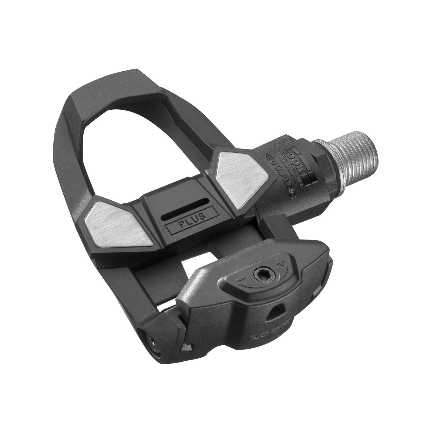Look KEO Classic 3 Plus road bike pedals with stainless steel platform and adjustable tension, shown with cleats attached.