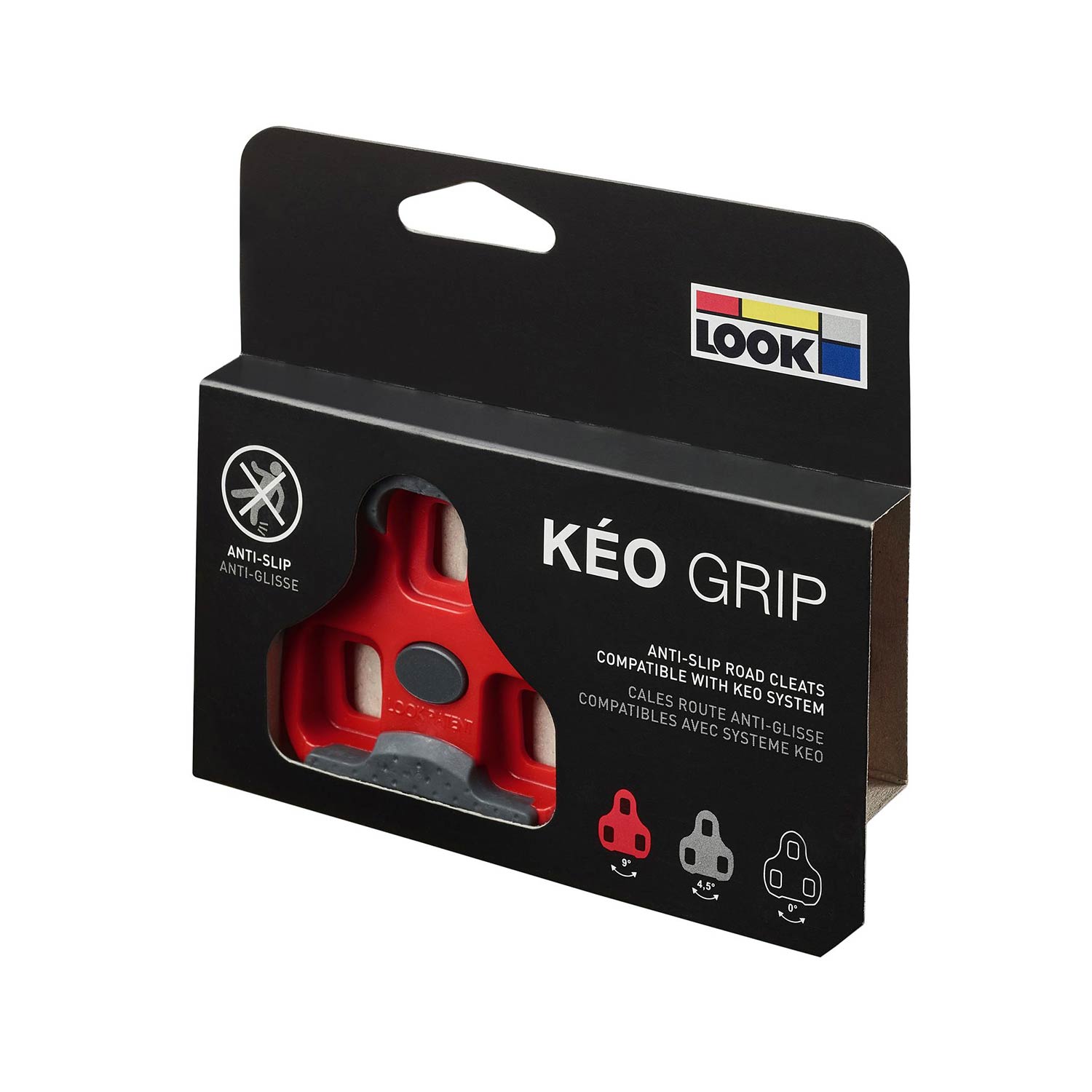 Look Keo Grip cleats with silent float technology for enhanced cycling performance, shown on a bike pedal.