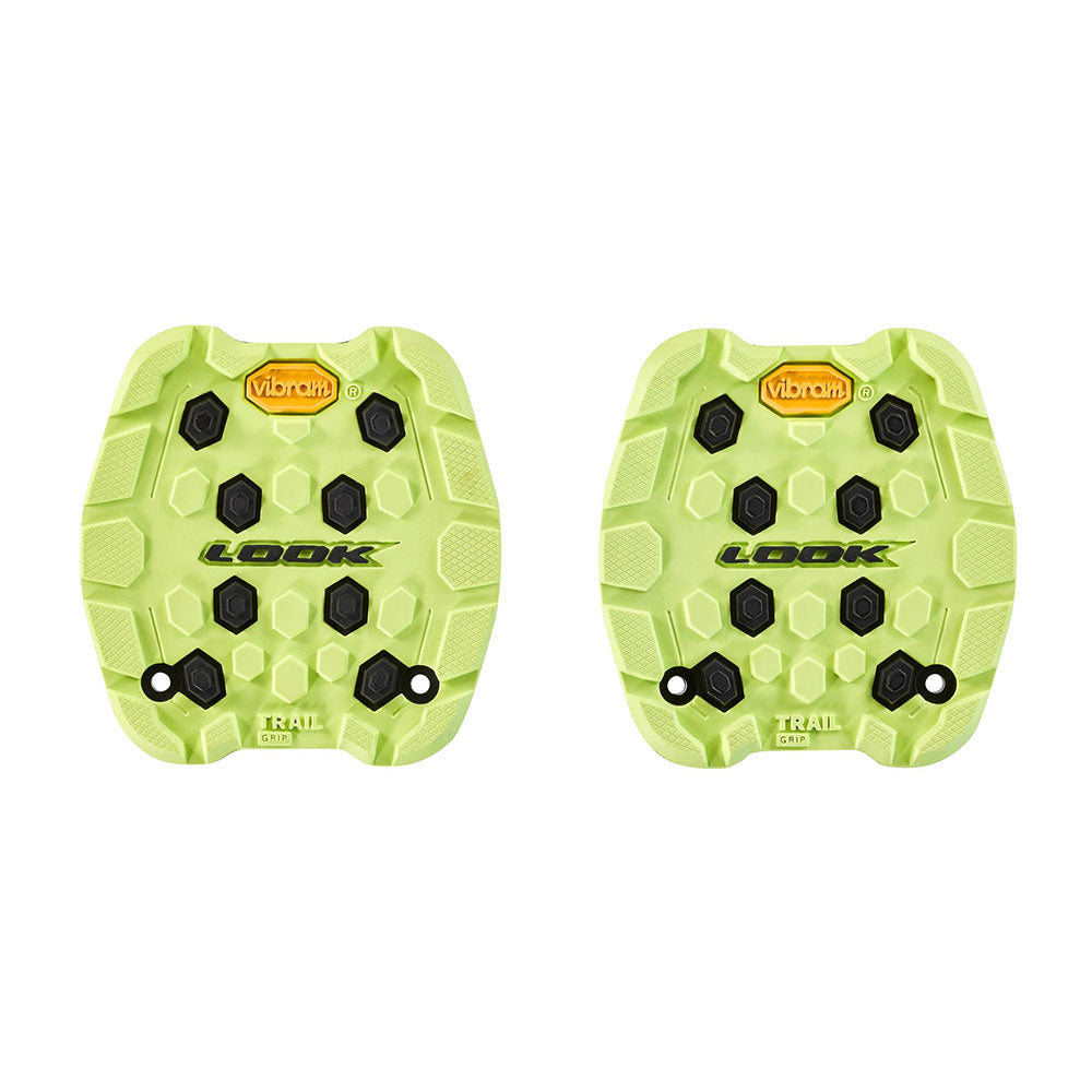 Look Trail Grip Pads with VIBRAM Activ Grip Technology for off-road bicycle pedals, showing textured rubber surface and mounting details.