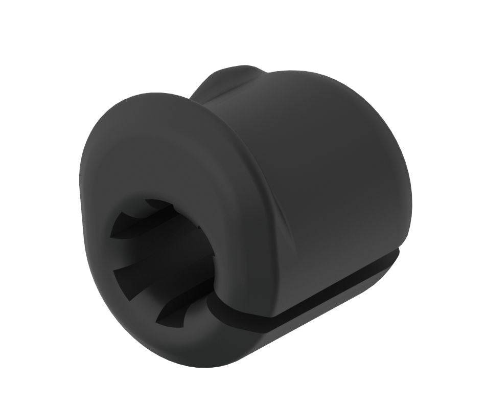 Black Trek internal housing chainstay grommet, cable housing protector for bicycle frame components, shown installed on bike.