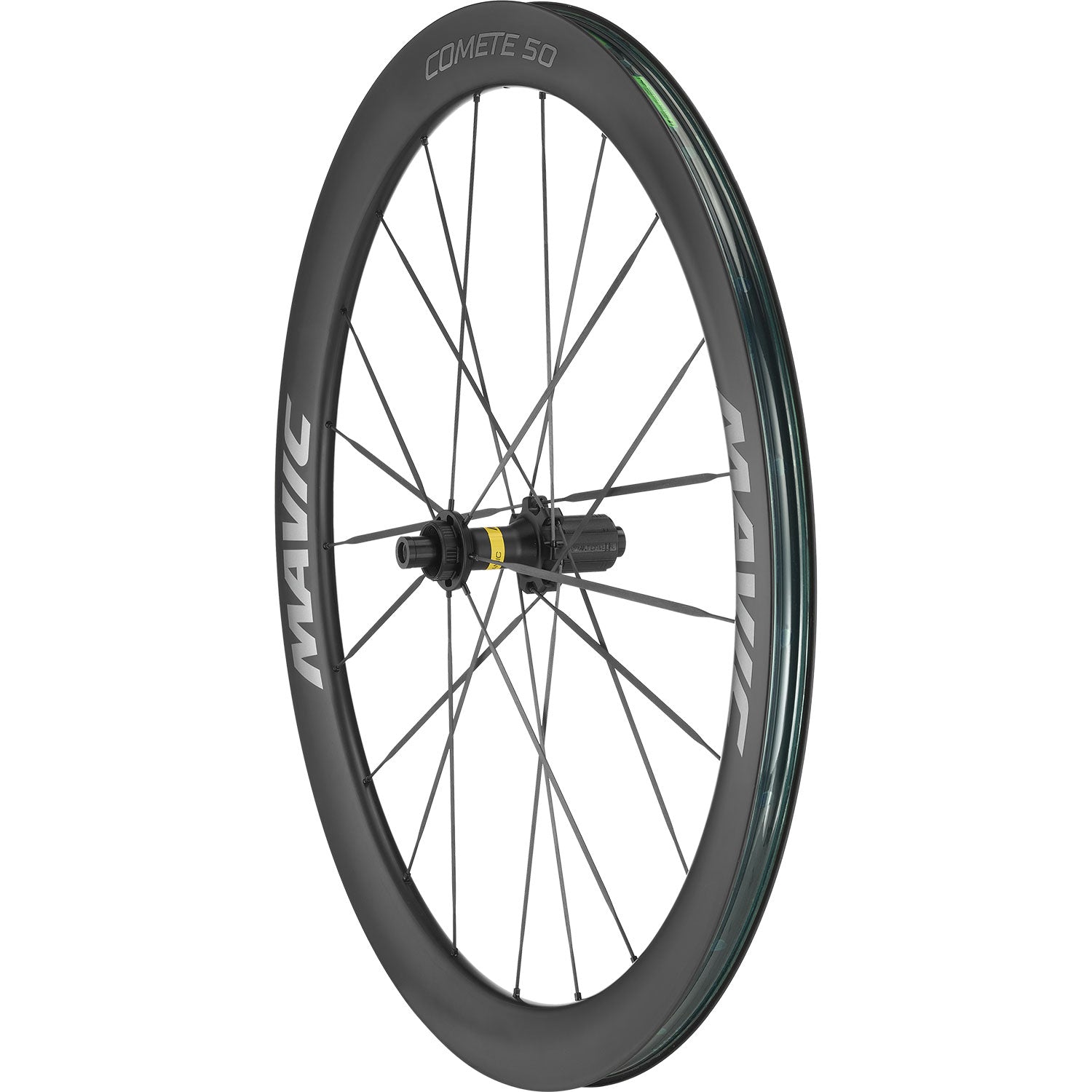 Close-up of Mavic Comete 50 ceramic bearing carbon disc wheelset for road bikes, showing lightweight carbon rims and sleek design.