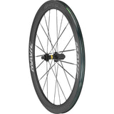 Close-up of Mavic Comete 50 ceramic bearing carbon disc wheelset for road bikes, showing lightweight carbon rims and sleek design.