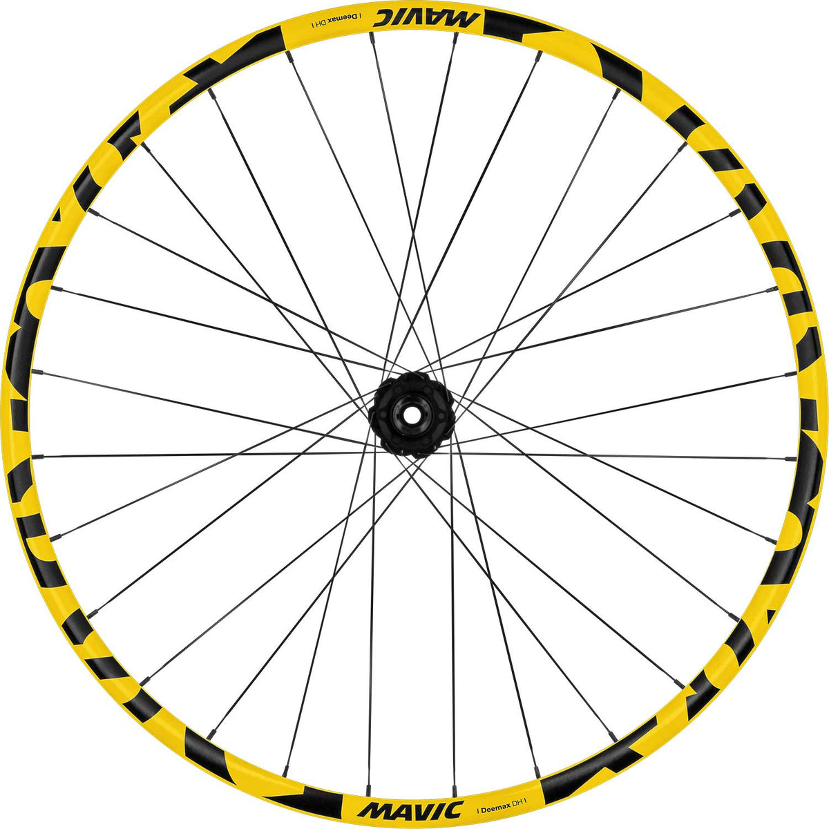 Mavic Deemax DH yellow 29-inch downhill mountain bike wheel with 6 bolt boost hub and 30mm rim width, components for MTB riding.
