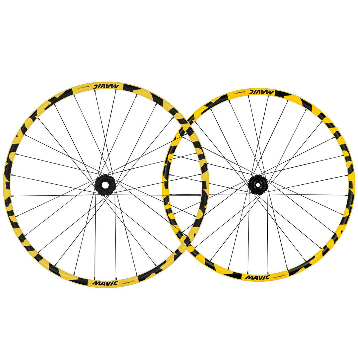 Mavic Deemax DH Yellow Mullet 27.5-inch downhill wheel with 6 bolt boost hub and sturdy rim for mountain biking.