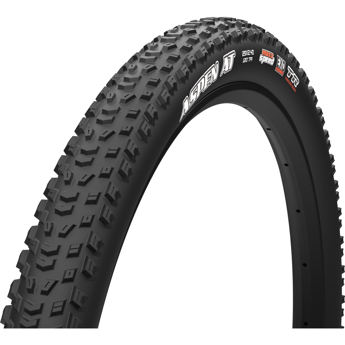 Maxxis Aspen AT 29x2.40 tubeless mountain bike tire with EXO protection and 120 TPI for durability and performance.