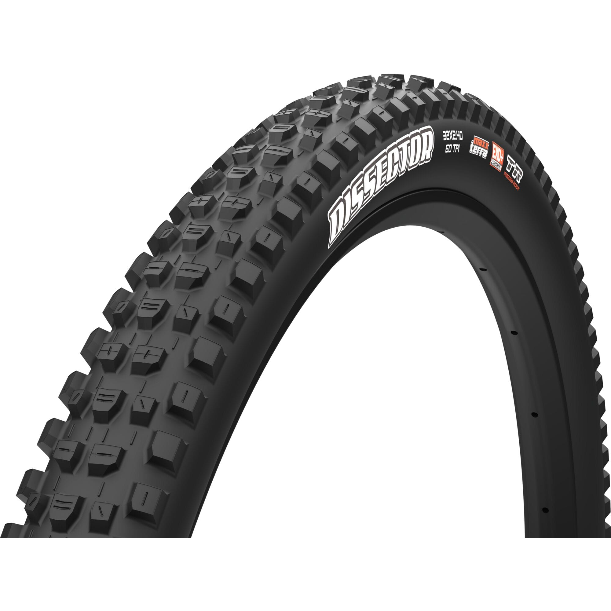 Maxxis Dissector 32x2.40 tubeless gravel trail tire with folding bead, TPI 120, MaxxTerra compound, EXO+ sidewall protection.
