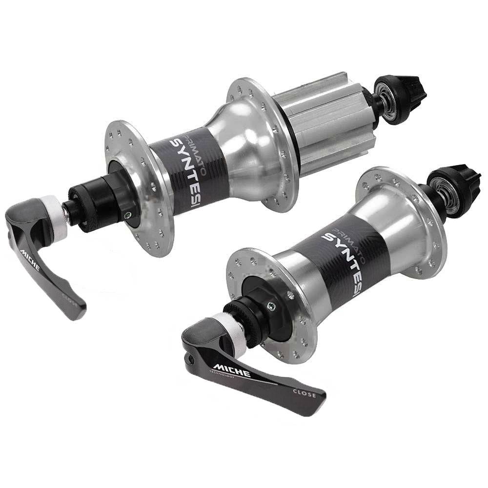 Miche Primato Syntesi Silver hub pair for Campagnolo and Shimano bike drivetrains, showcasing sleek silver components.