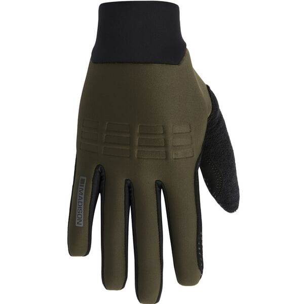 Madison Zenith 4 Season DWR thermal gloves for mountain biking, windproof and breathable, showing the gloves worn during outdoor riding.