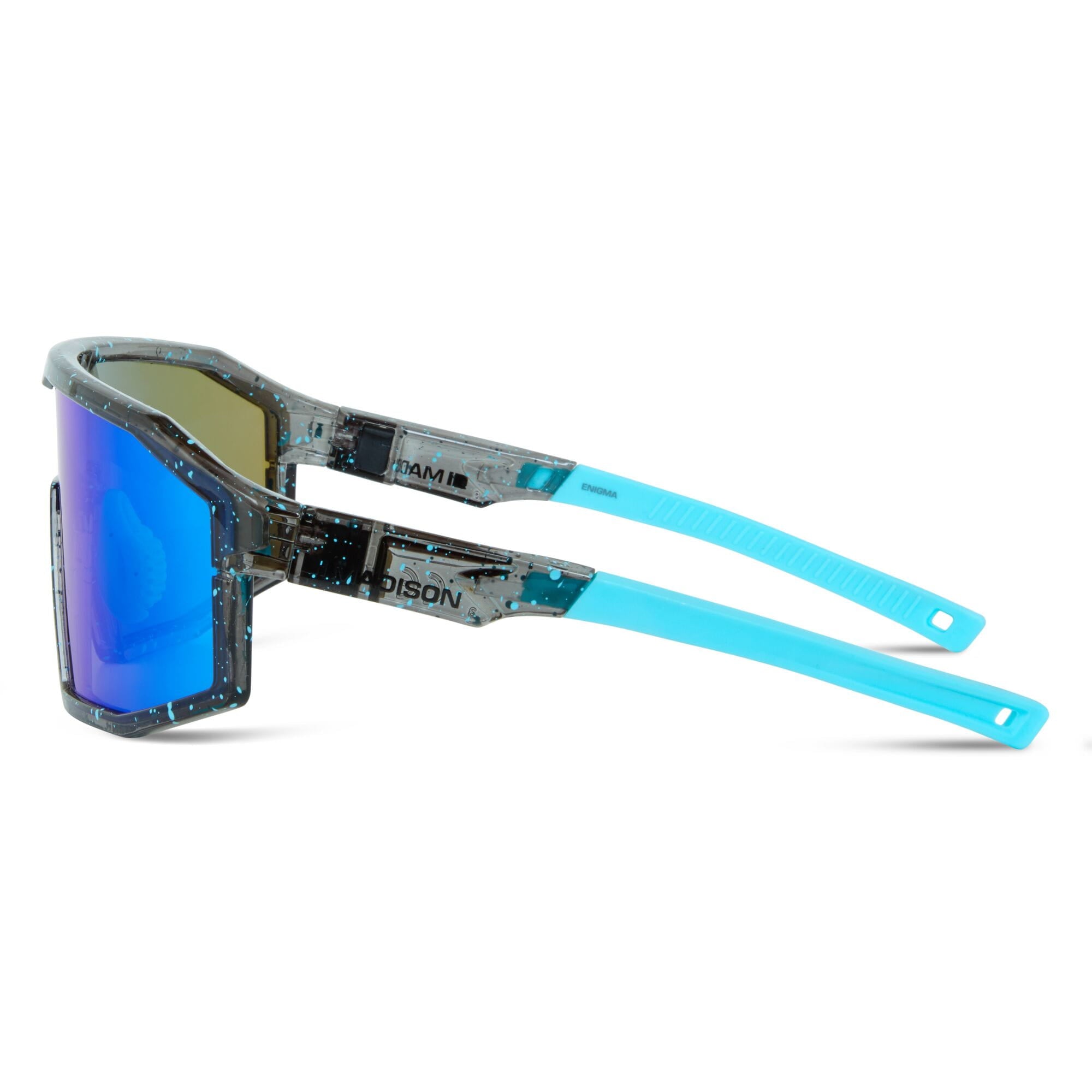 Madison Eyewear Enigma sunglasses with three lenses featuring blue black splatter, purple mirror, and amber clear in a stylish pack.
