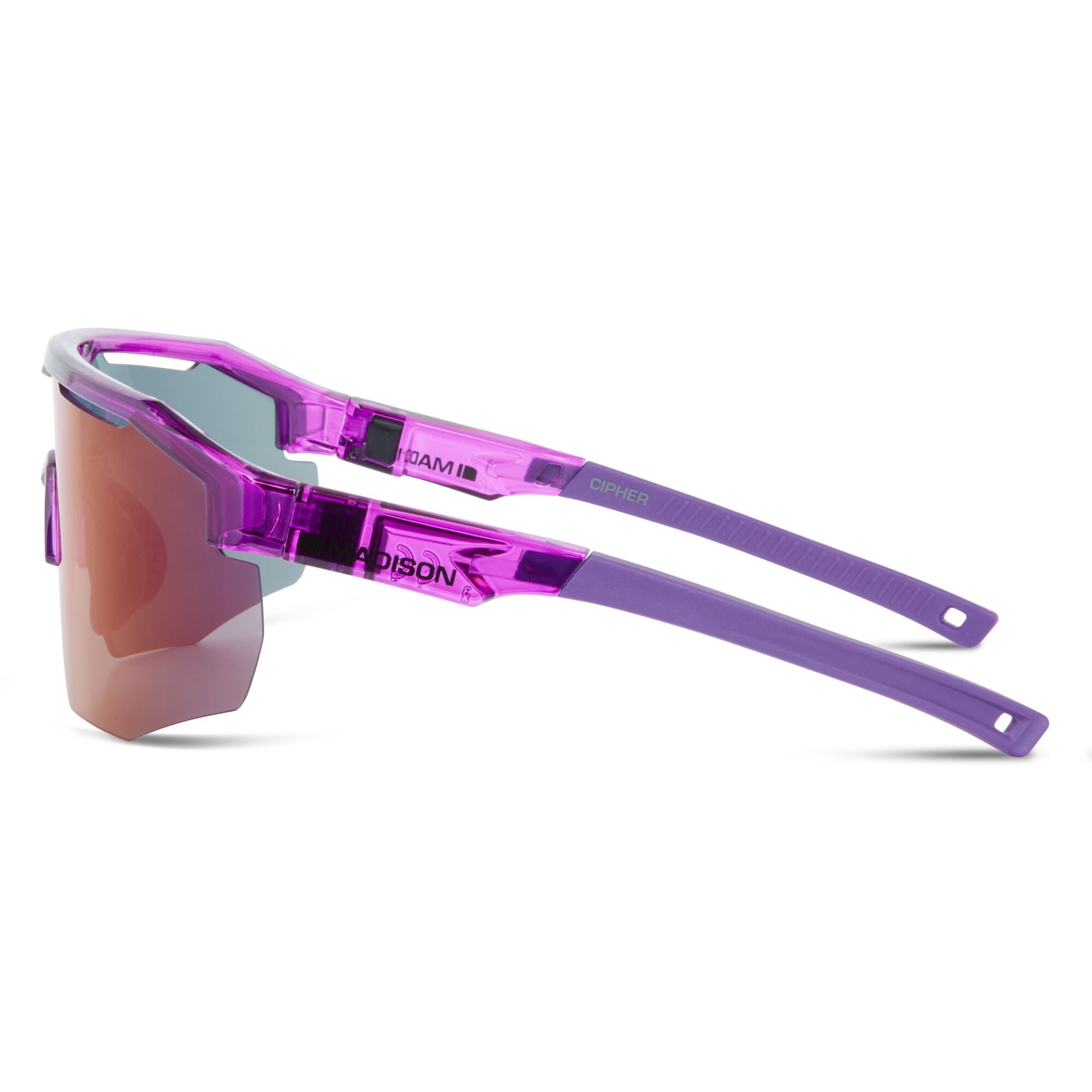 Madison Eyewear Cipher Crystal Gloss purple sunglasses with purple mirror lenses and stylish frame.