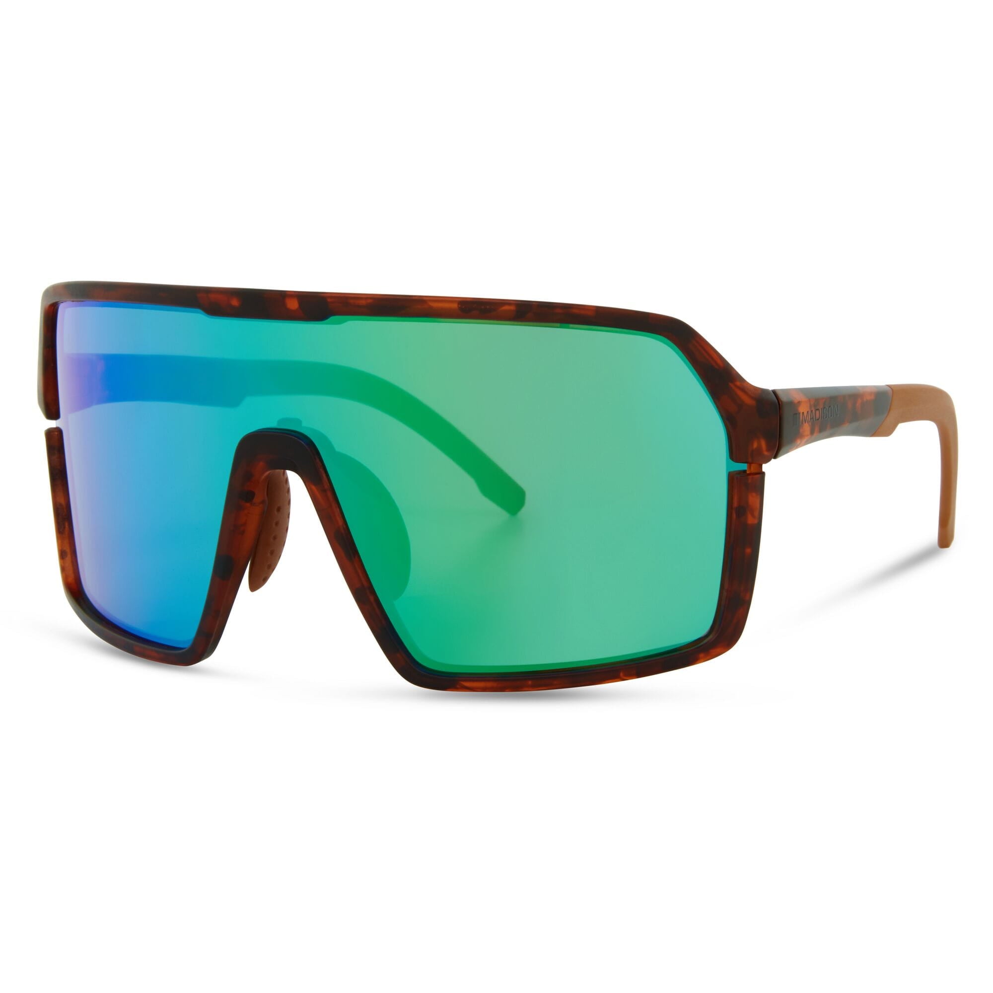 Madison Eyewear Crypto dark tortoiseshell sunglasses with three lenses: green mirror, amber, and clear, featuring a stylish design.