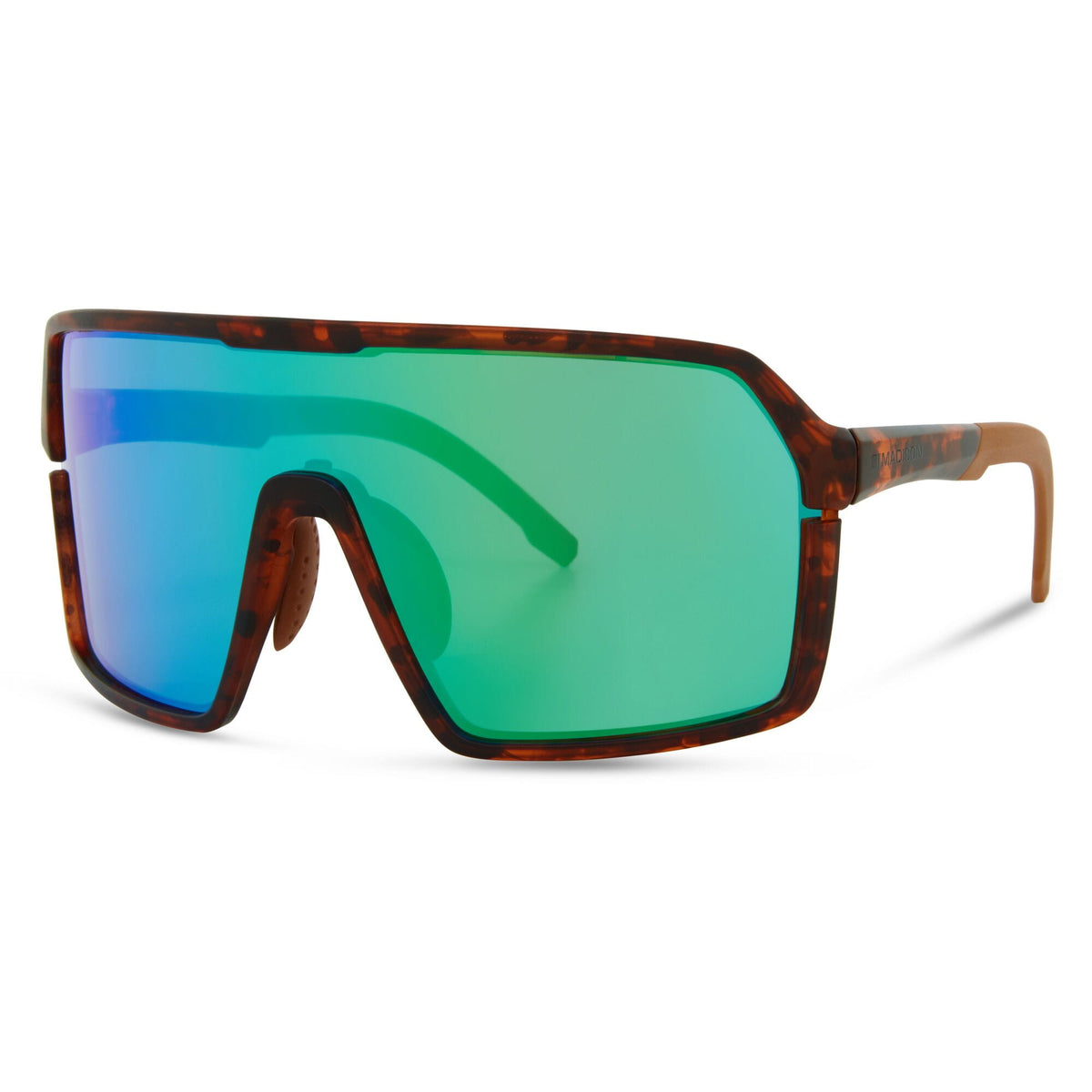 Madison Eyewear Crypto dark tortoiseshell sunglasses with three lenses: green mirror, amber, and clear, featuring a stylish design.