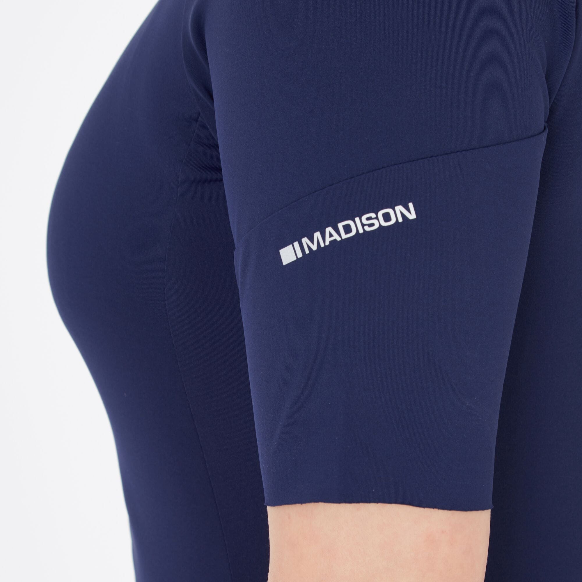 Madison Flux women's navy short sleeve cycling jersey with pockets, size 6, featuring a sleek ink navy color and athletic fit.