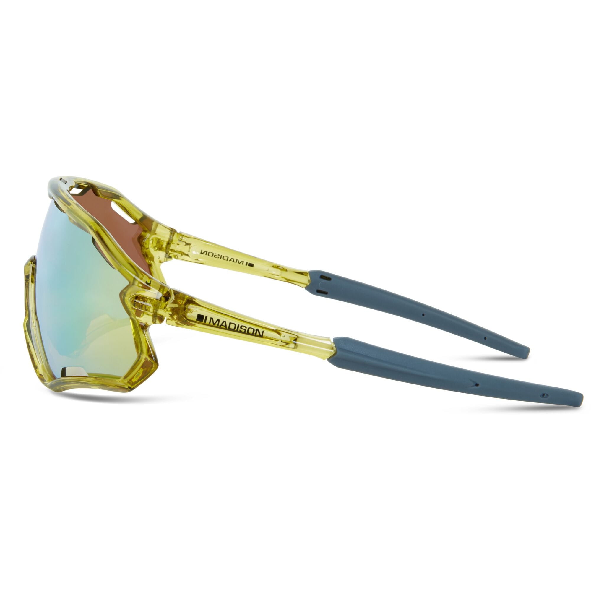 Madison Eyewear Code Breaker Midnight Green sunglasses with bronze mirror, amber, and clear lenses in a 3-lens pack.