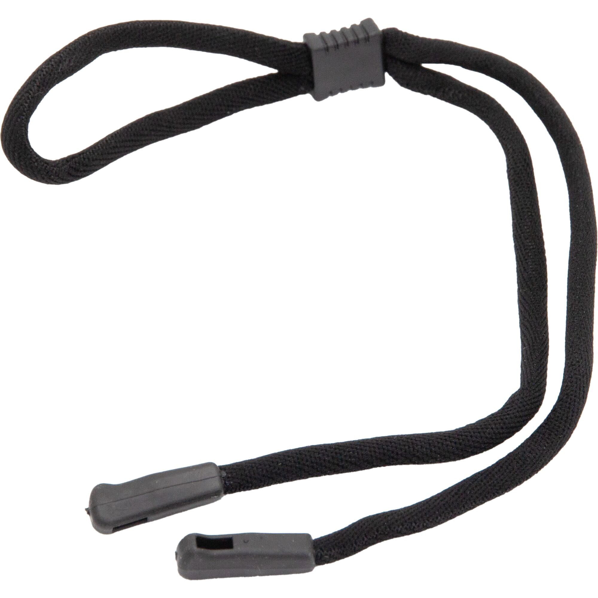 Madison Eyewear black lanyard for securing sports and outdoor eyewear, shown attached to glasses.