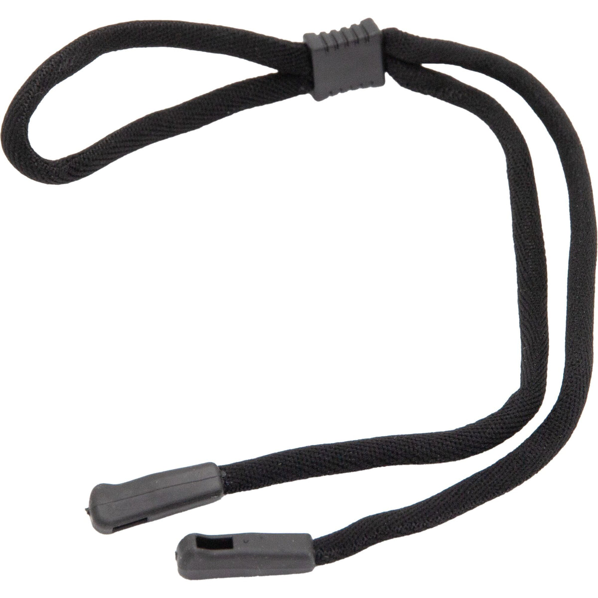 Madison Eyewear black lanyard for securing sports and outdoor eyewear, shown attached to glasses.