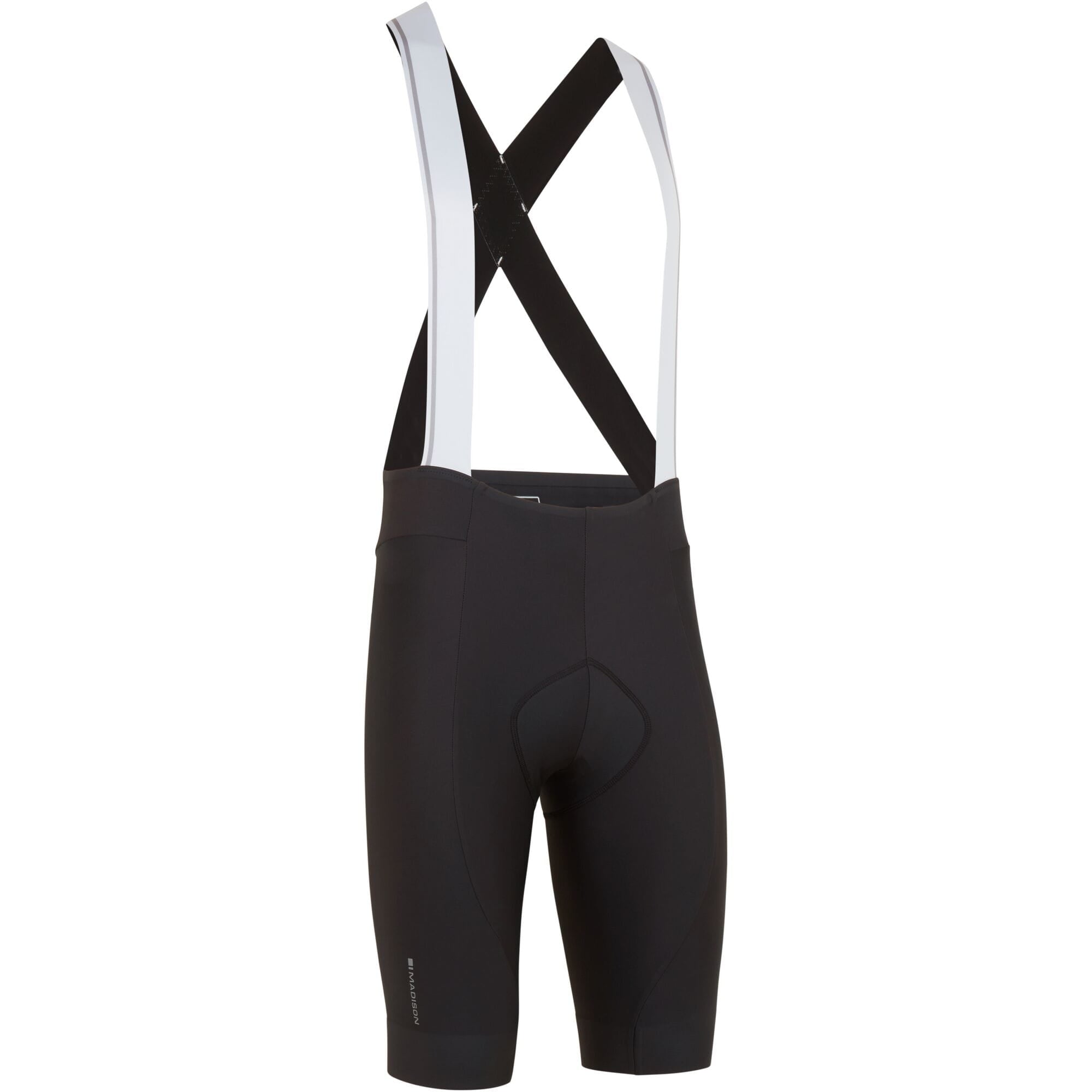 Madison Flux men's cycling bib shorts with Lycra fabric and EIT dual-density pad for comfortable road biking.
