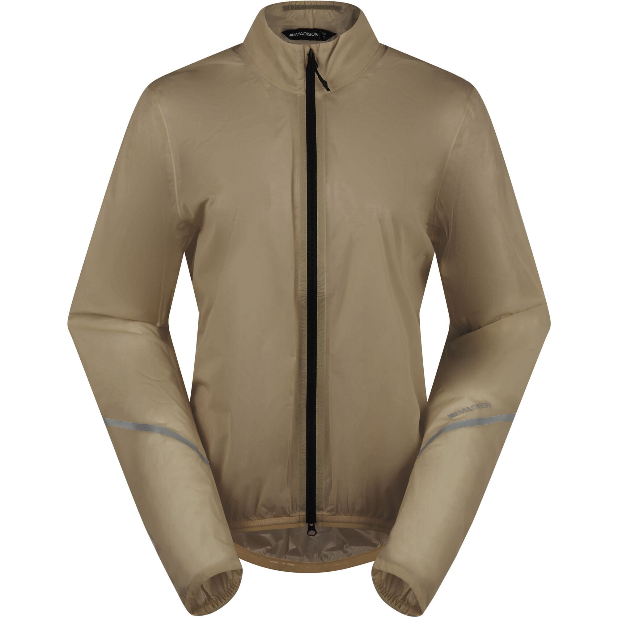 Madison Flux 2L ultra packable waterproof women's cycling jacket with reflective inserts, shown in black with reflective accents.
