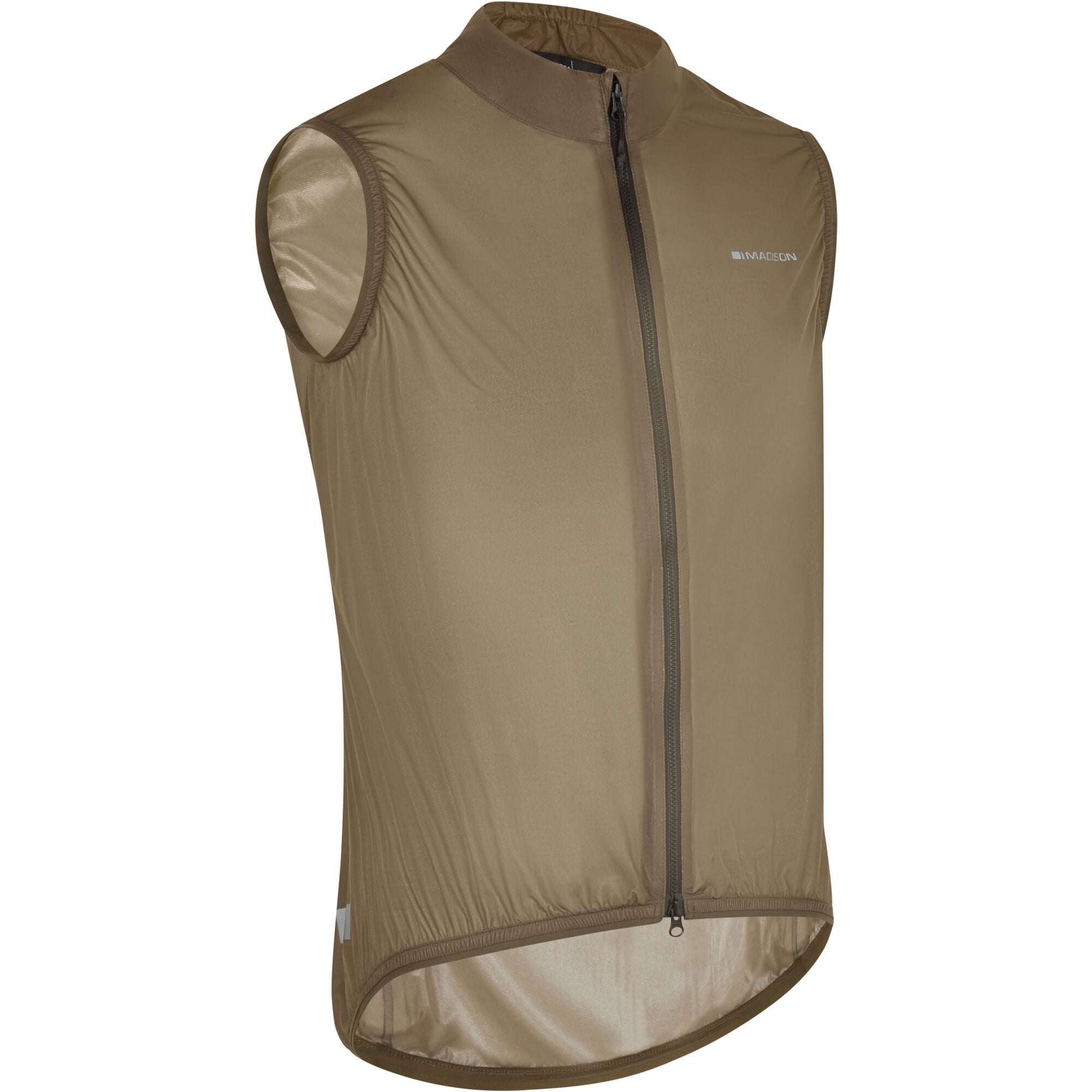 Madison Flux 2L men's waterproof cycling gilet with reflective inserts, lightweight and packable for riding in wet weather.