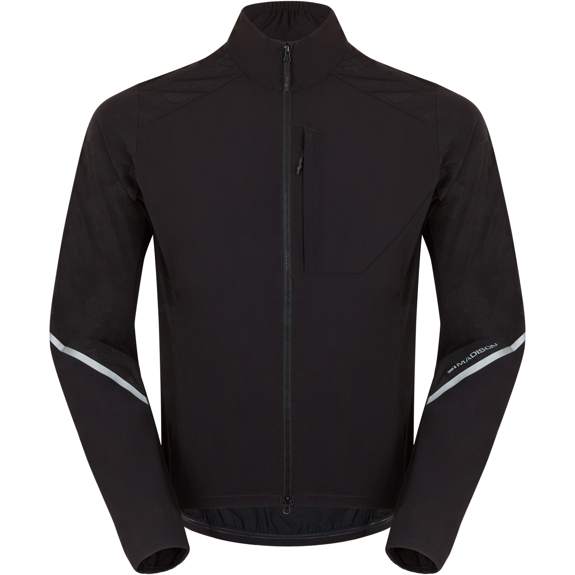 Madison Freewheel Stellar Tech men's windproof packable cycling jacket shown in black with reflective details and full-length zipper.