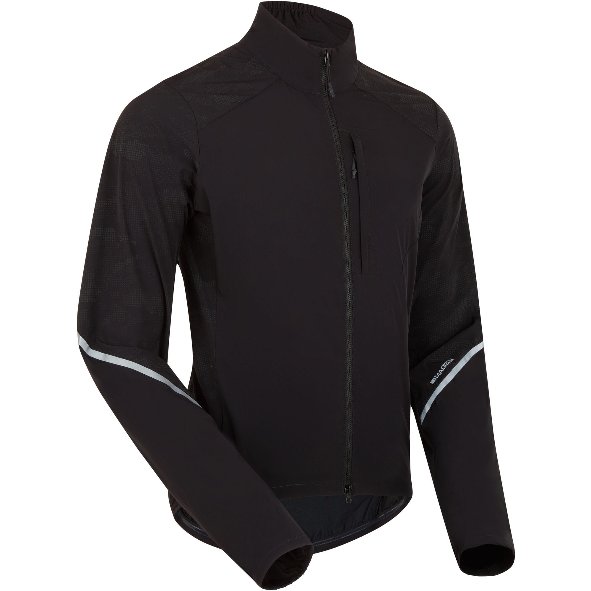 Madison Stellar Tech men's windproof packable cycling jacket with front zipper and reflective details, designed for outdoor riding.