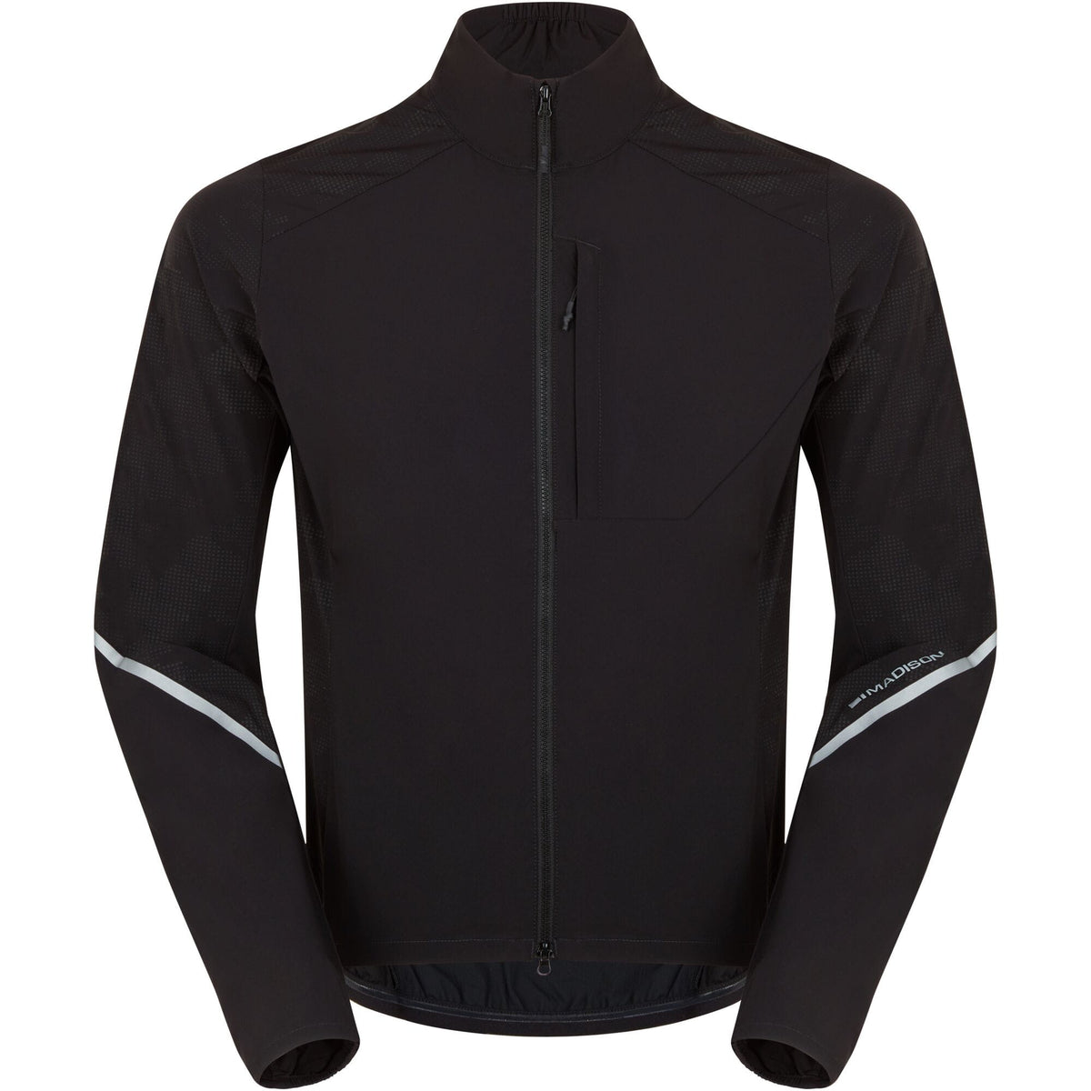 Madison Freewheel Stellar Tech men's windproof packable cycling jacket shown in black with reflective details and full-length zipper.