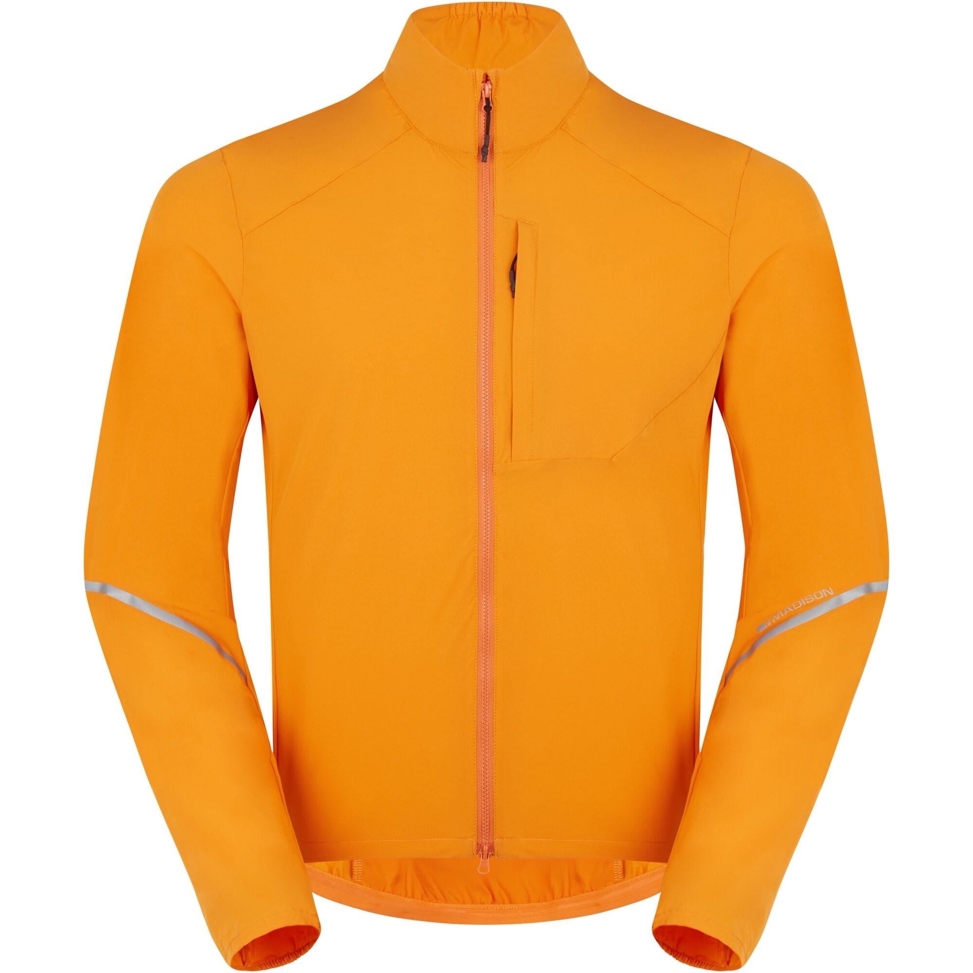Madison men's windproof packable cycling jacket with ventilation technology, shown in a sleek black design with front zipper and adjustable cuffs.