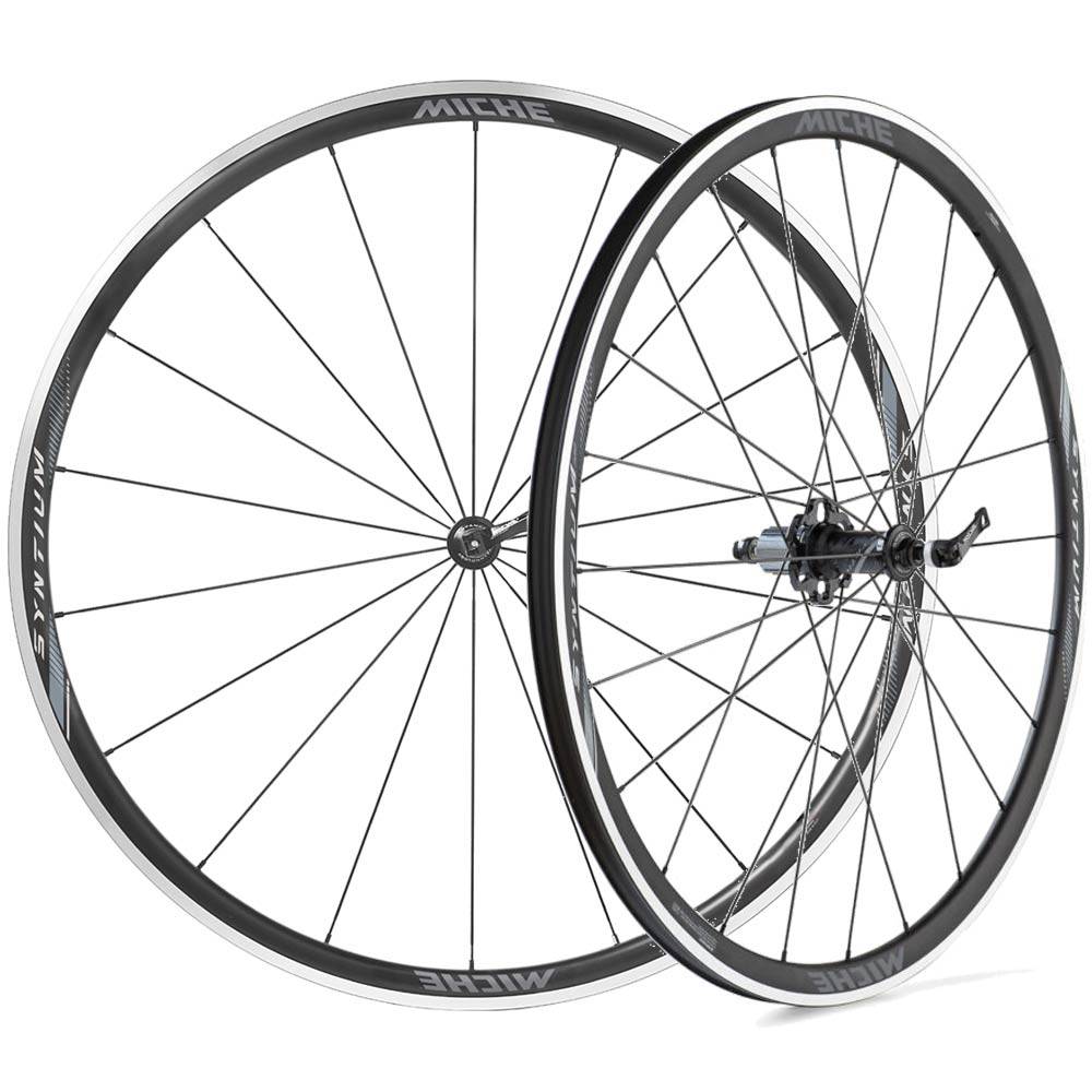 Miche Syntium Pro Black road wheelset with tubeless-ready, asymmetric aluminum wheels for cycling components.