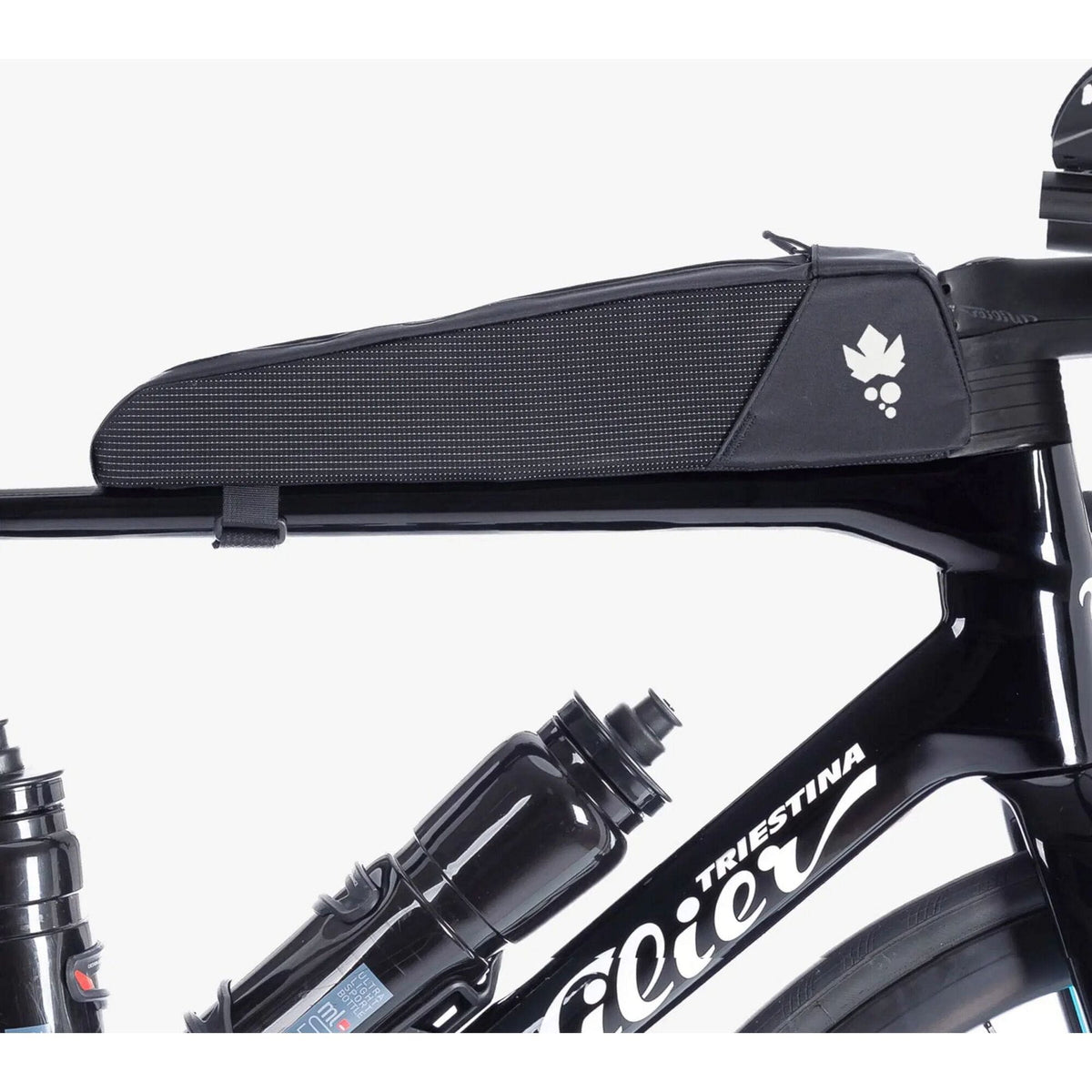 Miss Grape Big Node 2-Hole Frame Mount Toptube Bag for road and gravel bikes, shown mounted on bike frame with straps and compartments.