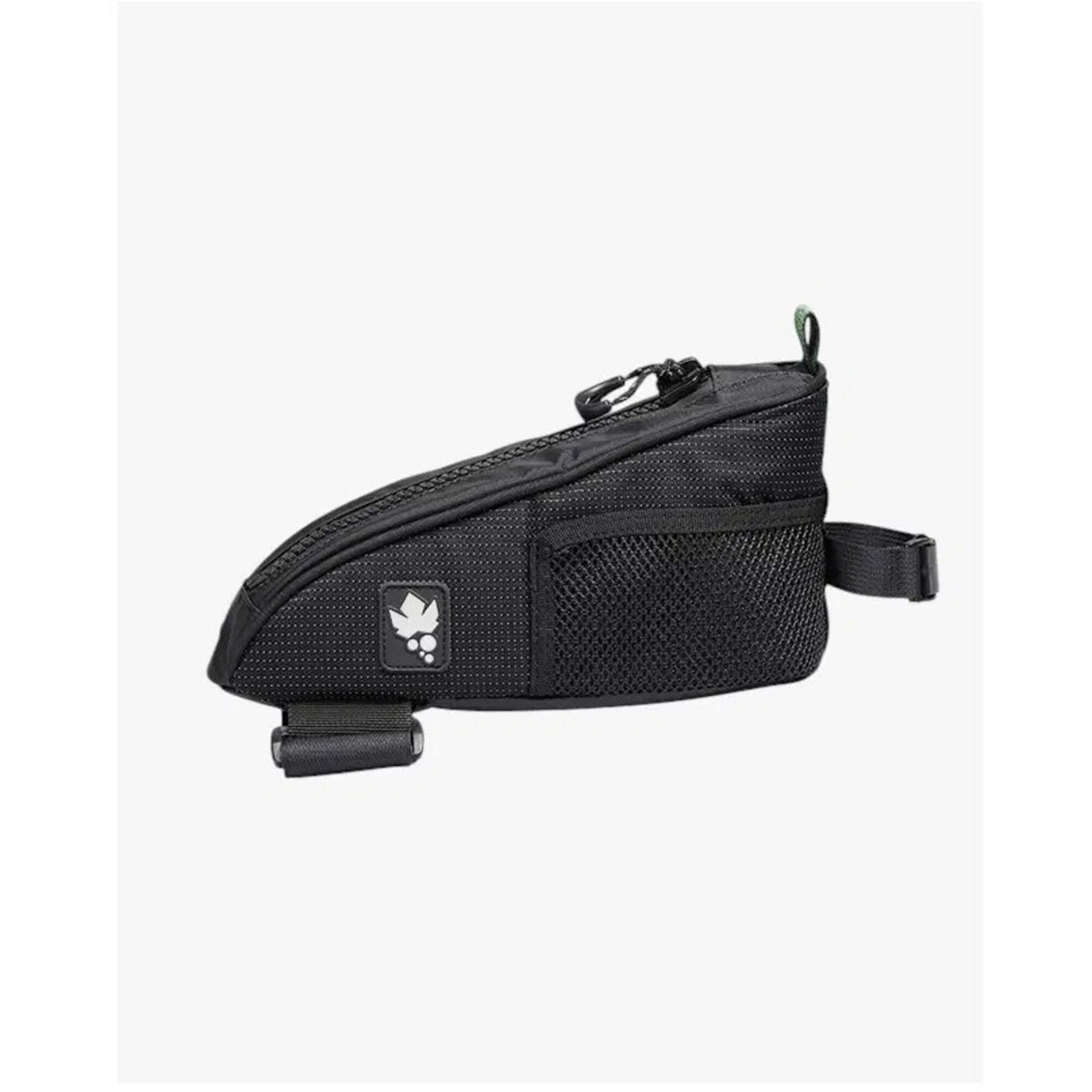 Miss Grape Node Adventure strap-mount top tube bag for cycling storage, shown attached to a bike frame in a biking scene.