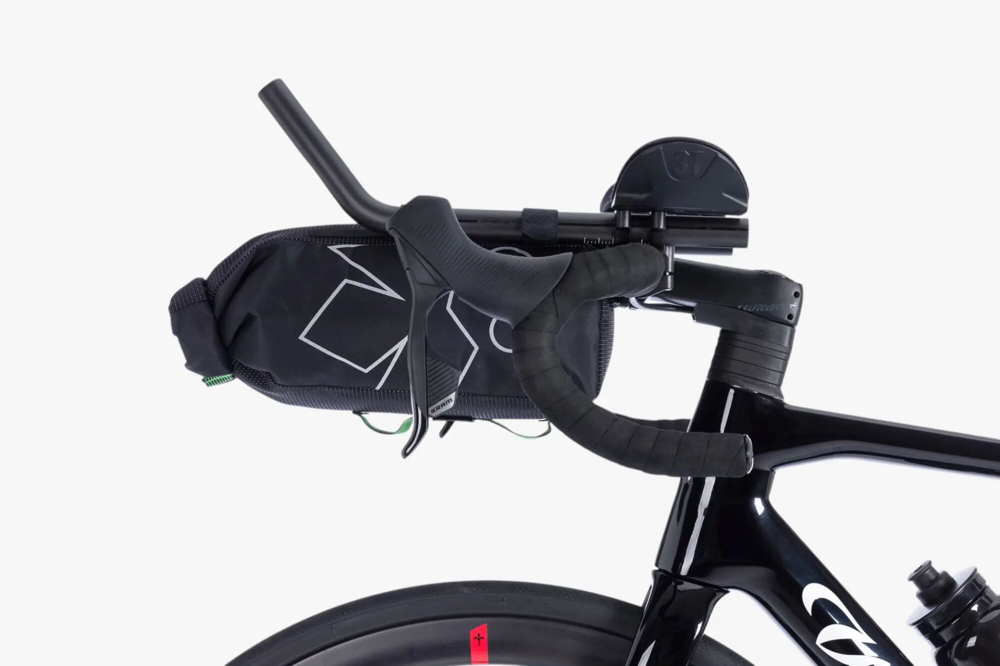 Miss Grape Trunk Aero Bar Mount Waterproof Dry Bag for cycling and bikepacking, shown attached to bike aero bars.