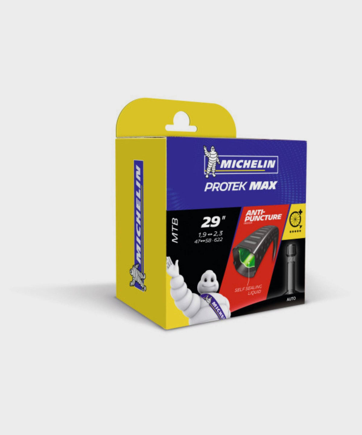 Michelin Protek Max MTB inner tube with liquid sealant for mountain bikes, showing the sealed rubber tube and valve stem.