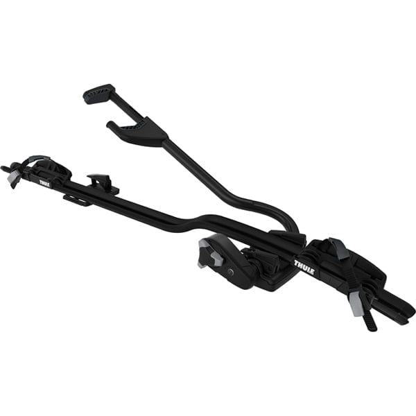 Thule 598 ProRide locking upright bike carrier mounted on roof bars, black color, showcasing secure bike transportation accessory