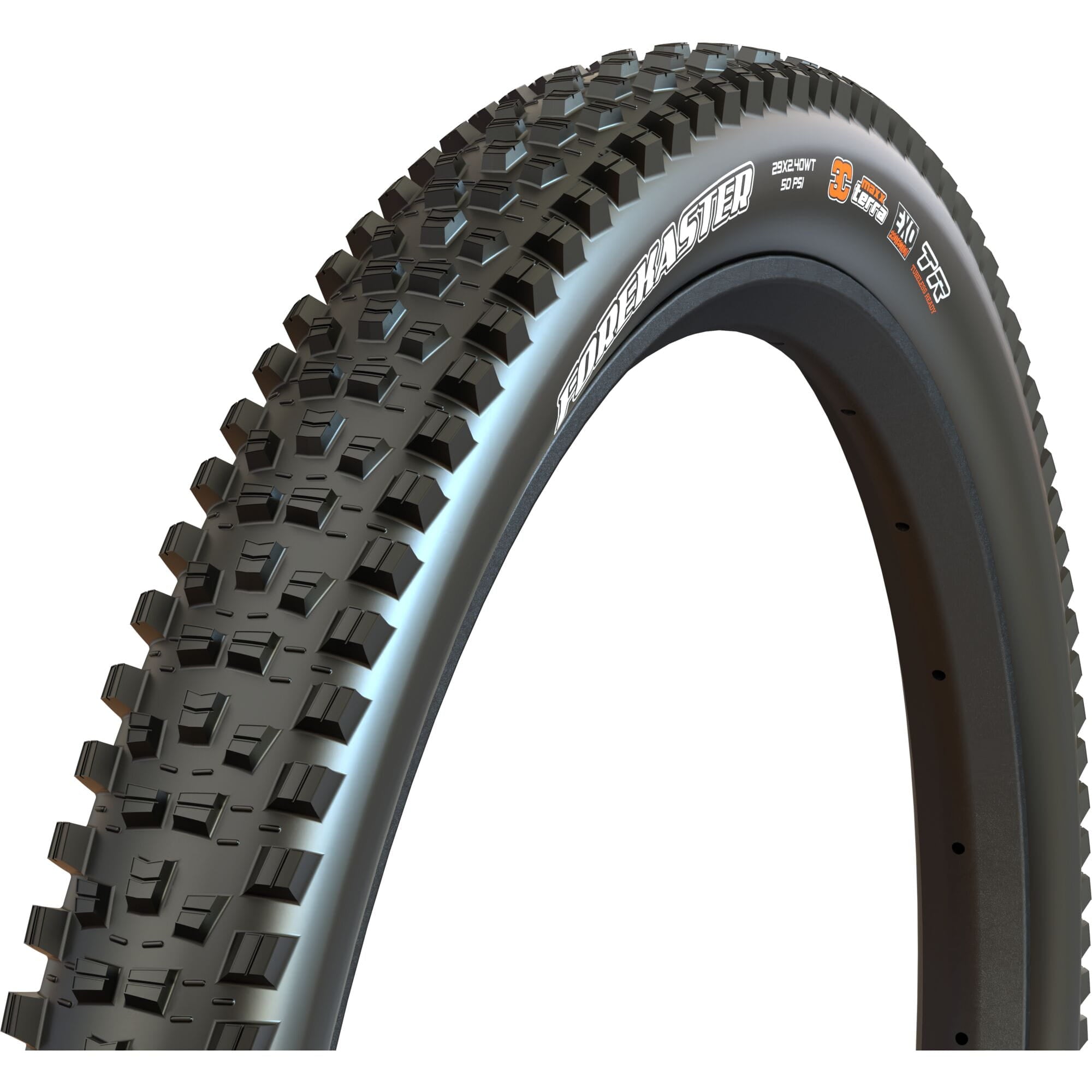 Maxxis Forekaster 29x2.60WT MTB trail tire with folding bead, MaxxTerra compound, EXO protection, and 3C MaxxTerra rubber