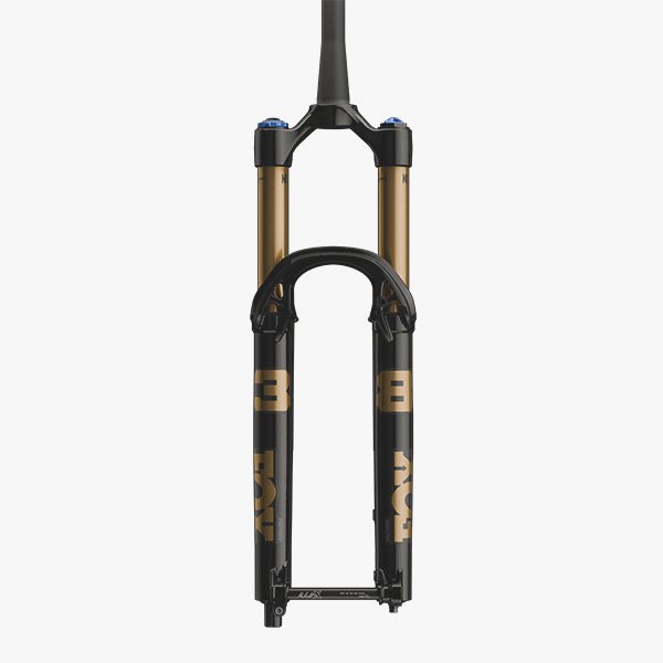 Fox 2027 38 Float FACT MTB fork grip X2 KaboltX110 with tapered 44mm steer tube, black finish, front view.