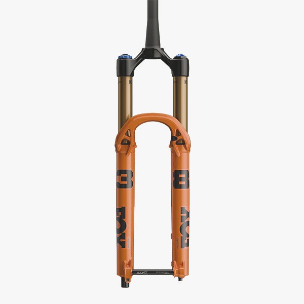 Fox 2027 38 Float FACT 170 29" MTB fork with Grip X2 Kabolt, tapered steerer, orange finish, front view, high-resolution image
