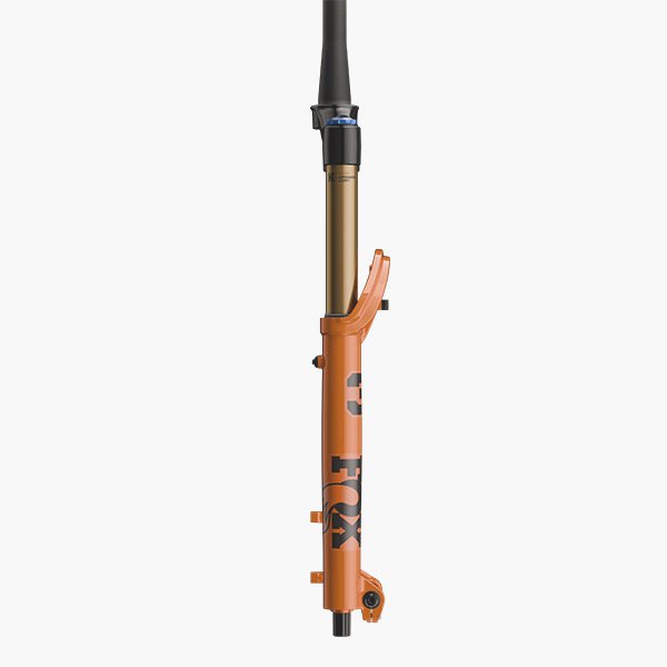 Fox 2027 38 Float FACT MTB fork with Grip X2 Kabolt X110 tapered 29-inch components, orange suspension fork side view.