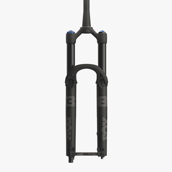 Fox 2027 38 Float Pelite MTB fork with Grip X2 KaboltX110, tapered 44mm, matte black finish, front view showing components.