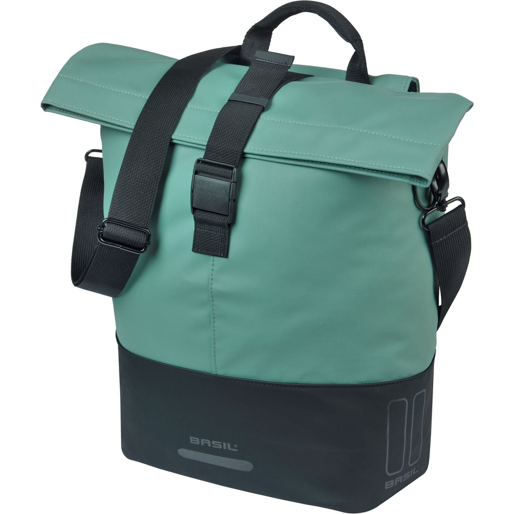 Waterproof Basil Cove Shopper bike bag with MIK hooks, designed for urban commuters, showcasing its sleek, durable accessory features.
