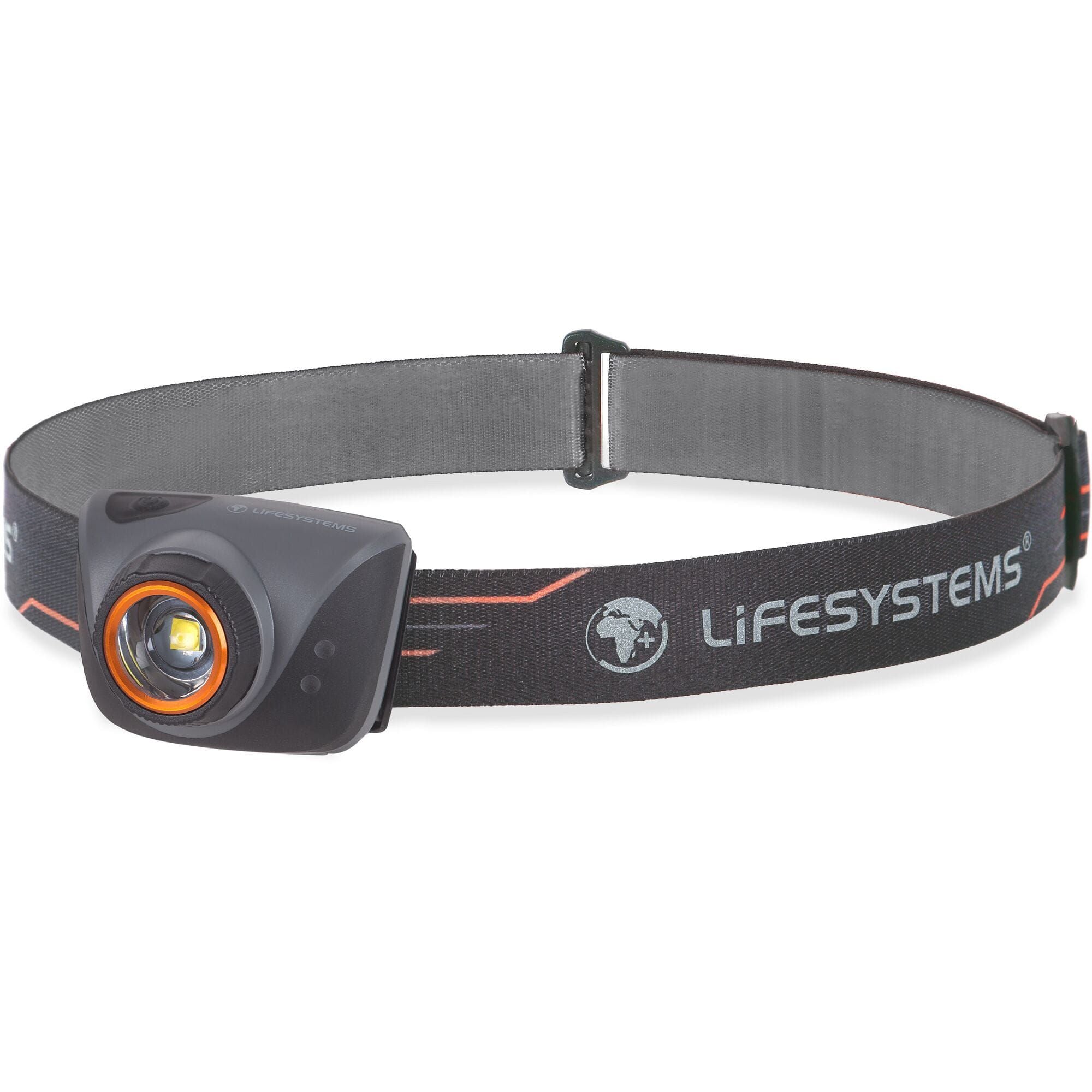 Lifesystems Intensity 580 rechargeable head torch with adjustable brightness and water-resistant design, shown with straps and LED light