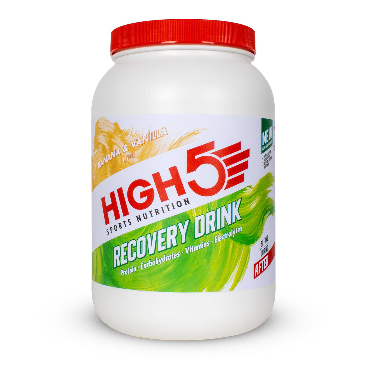 High5 Recovery Drink tub 1.6kg, a post-workout supplement for muscle repair and hydration, with a scoop of powder in a container.