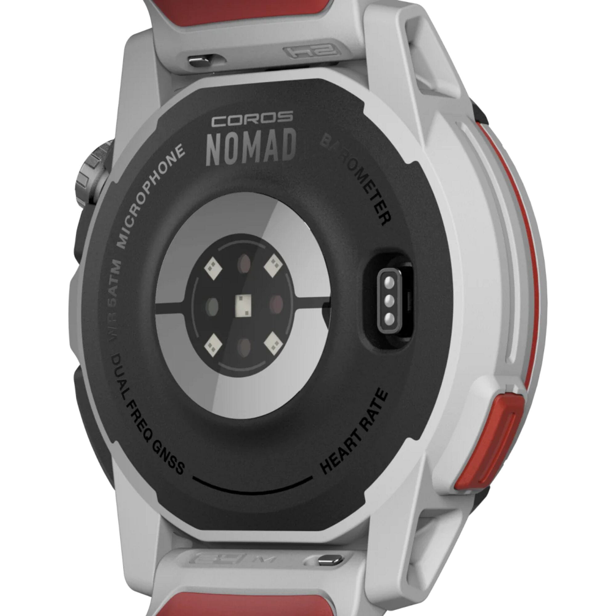 Coros NOMAD GPS Smartwatch in ash color showing outdoor watch face with adventure journal and multiple sport mode icons.