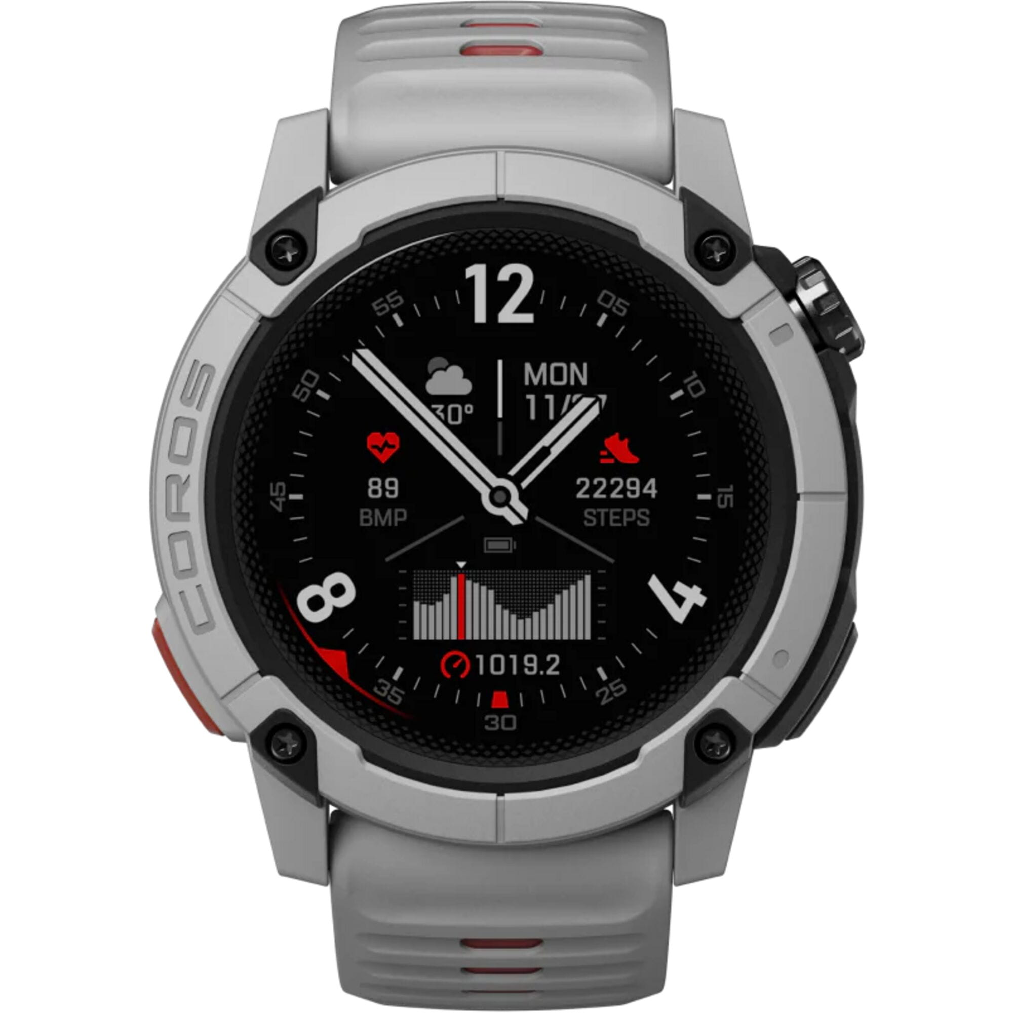 Coros NOMAD outdoor GPS smartwatch with digital display, adventure journal, and multiple sport modes, designed for outdoor activities.