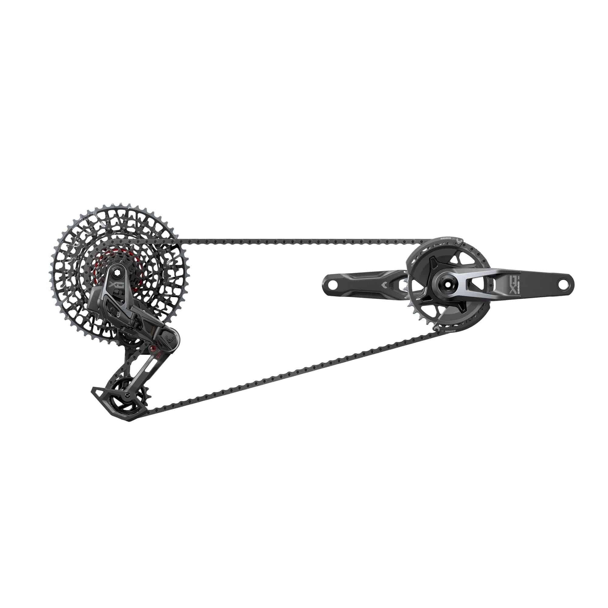 SRAM X0 T-Type Eagle AXS groupset with battery, charger, and AXS Pod Ultimate controller for mountain bike components.