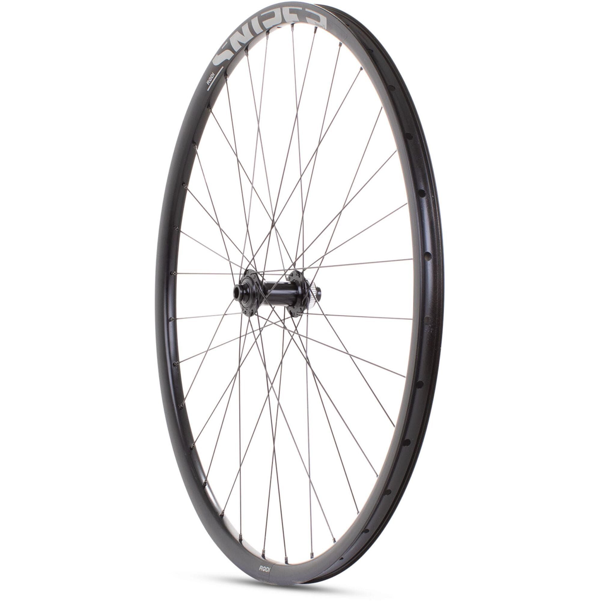 Black M Part Wheels gravel front wheel with 700c size, Shimano TC500 hub, 100x12 TA Sniper rim, designed for mountain biking.